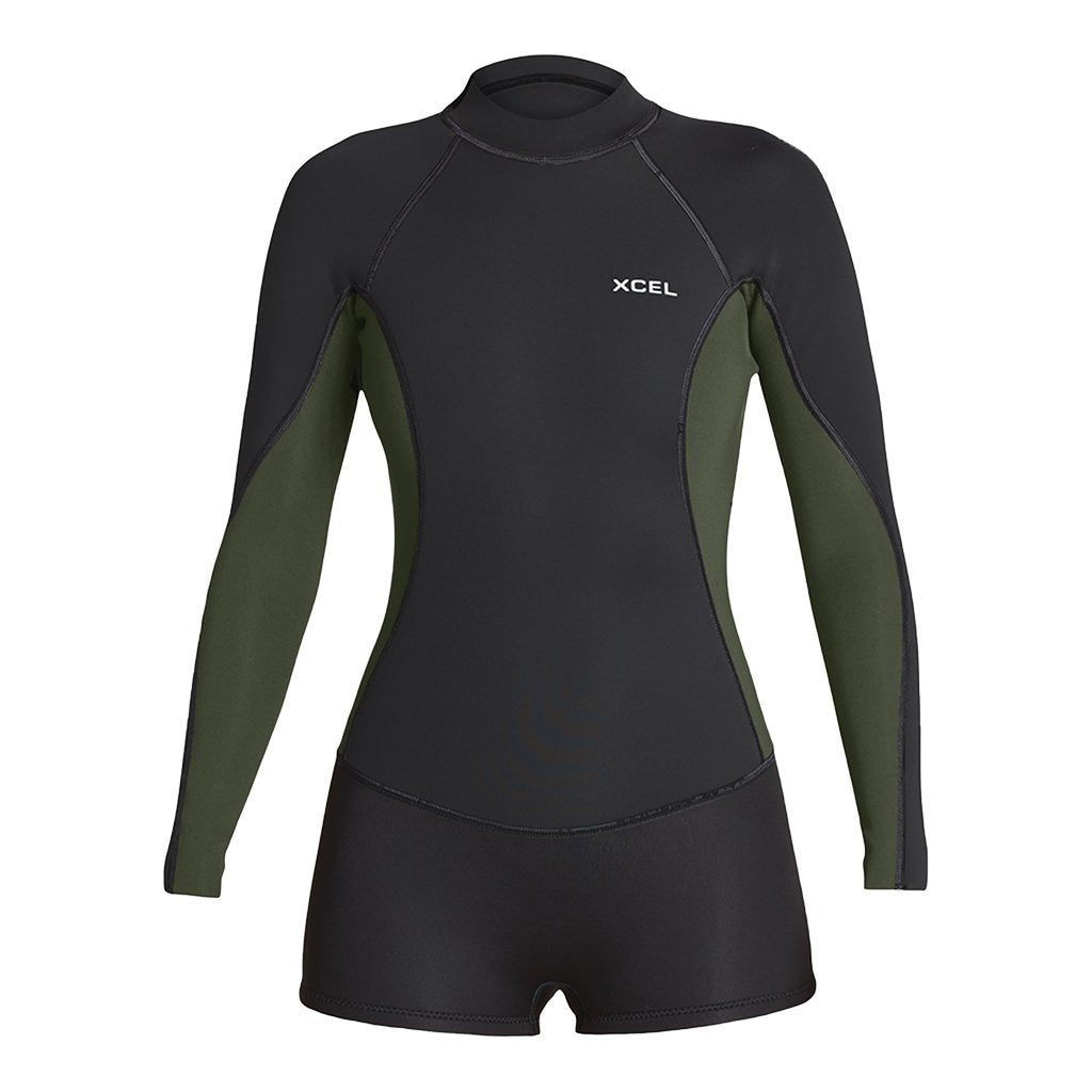 XCEL WOMENS AXIS 2MM LONG SLEEVE SPRINGSUIT - BLACK/DARK FOREST - Board Store XcelWetsuits  
