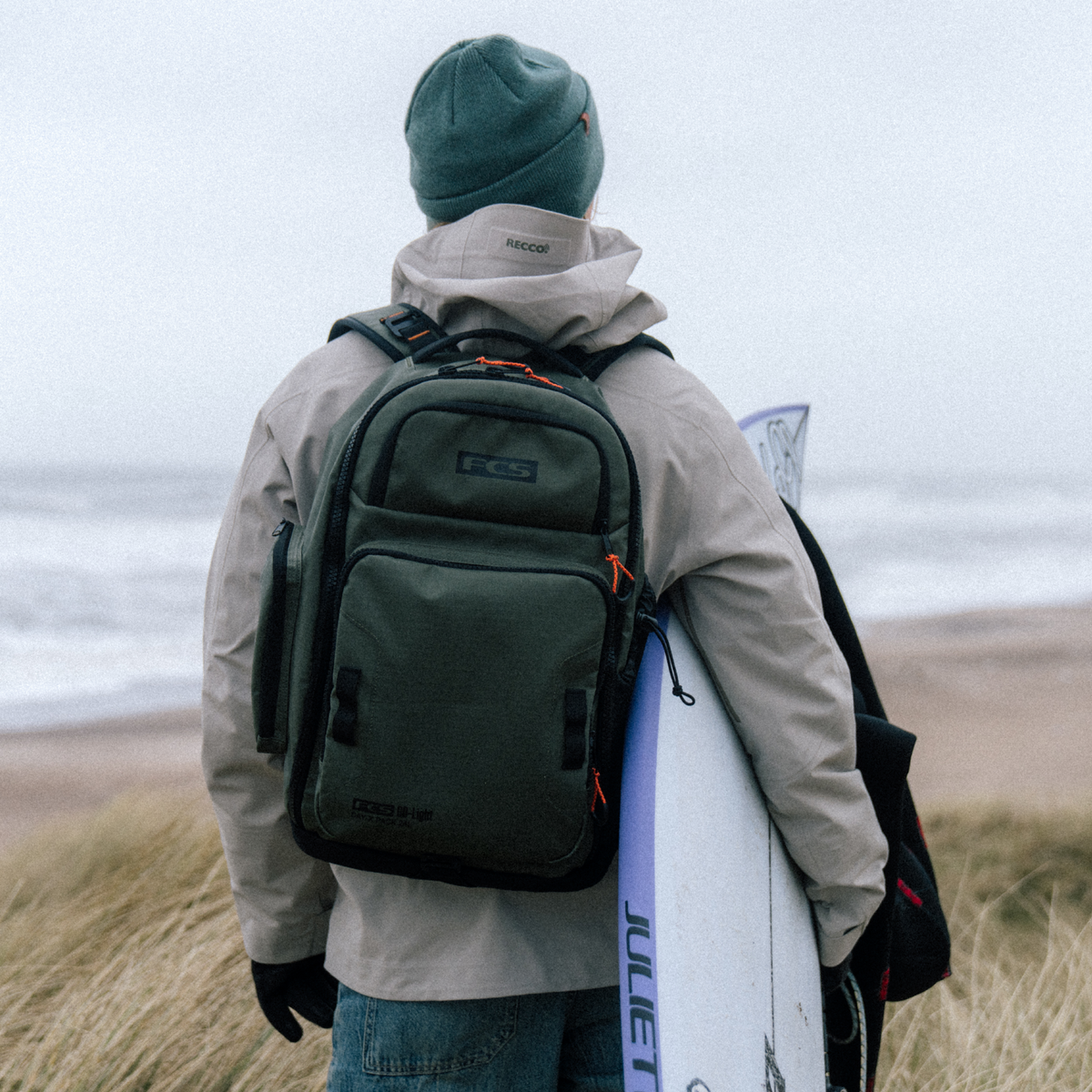 FCS Day-X Pack 24L on the back at the beach