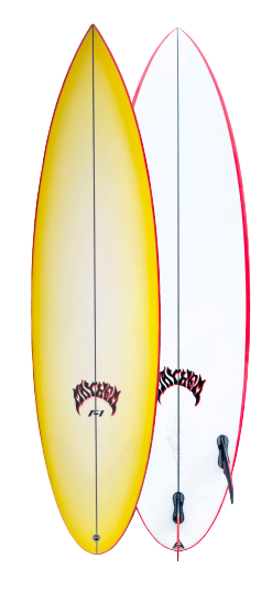Two surfboards, one yellow and one white, with a brand logo on a blurred natural background.