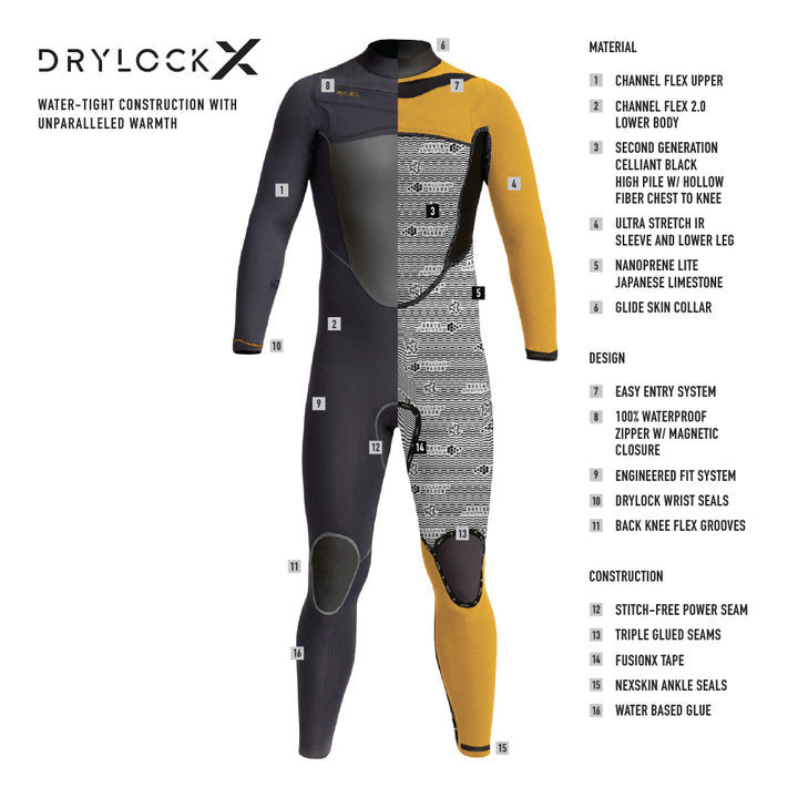 MENS XCEL DRYLOCK X 4/3MM FULLSUIT - CHEST ZIP 2023 - Board Store XcelWetsuits  