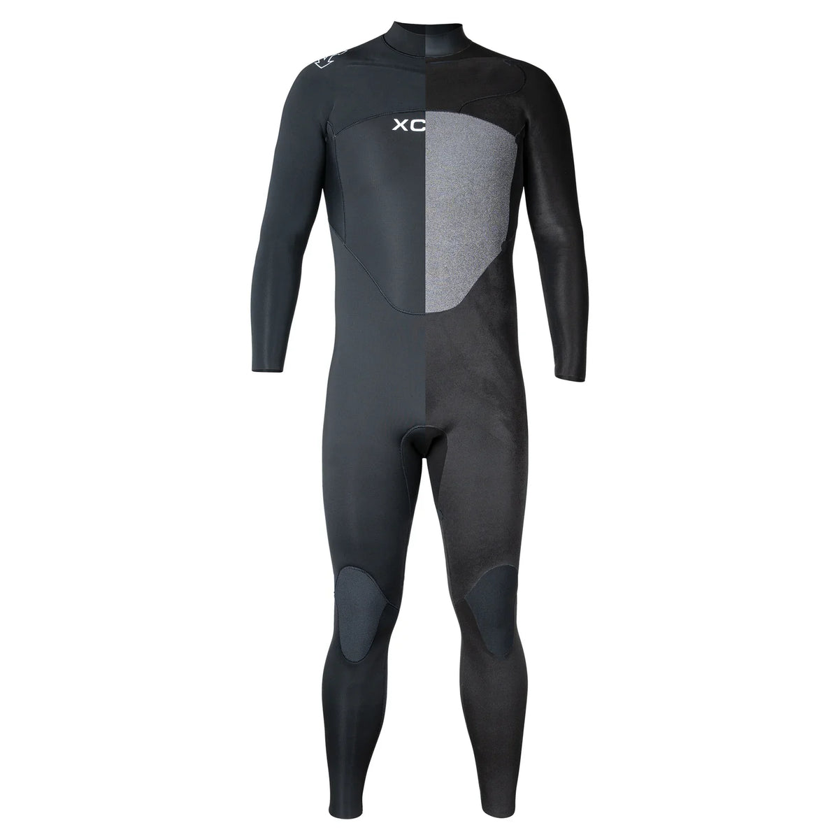 Xcel Mens Axis X2 Chest Zip Steamer 3/2mm split view showing the inside lining
